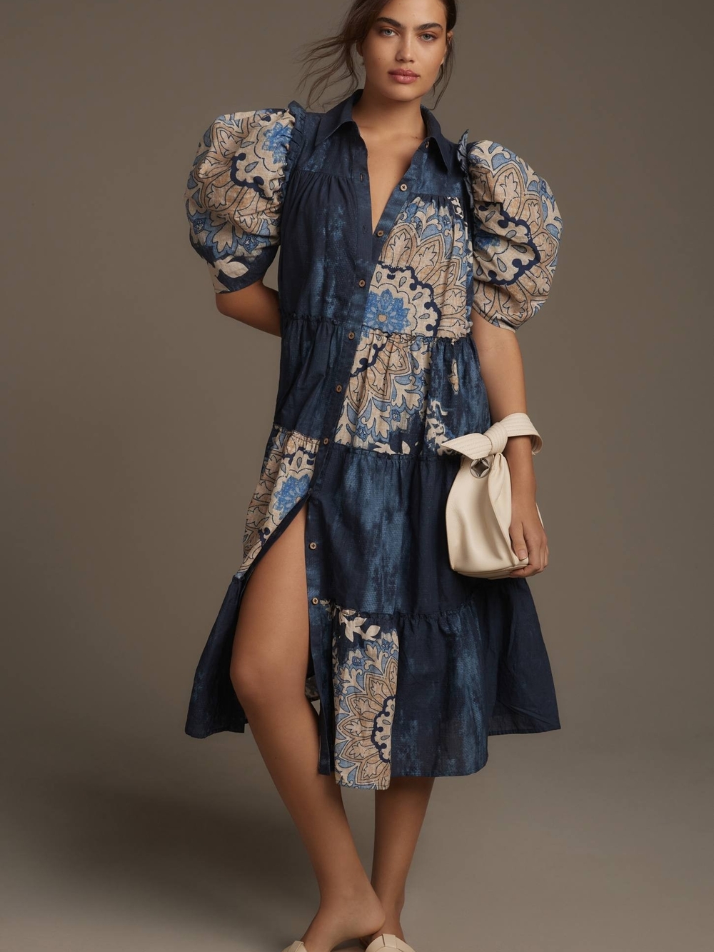Let Me Be Puff-Sleeve Patchwork Shirt Dress XL Anthropologie